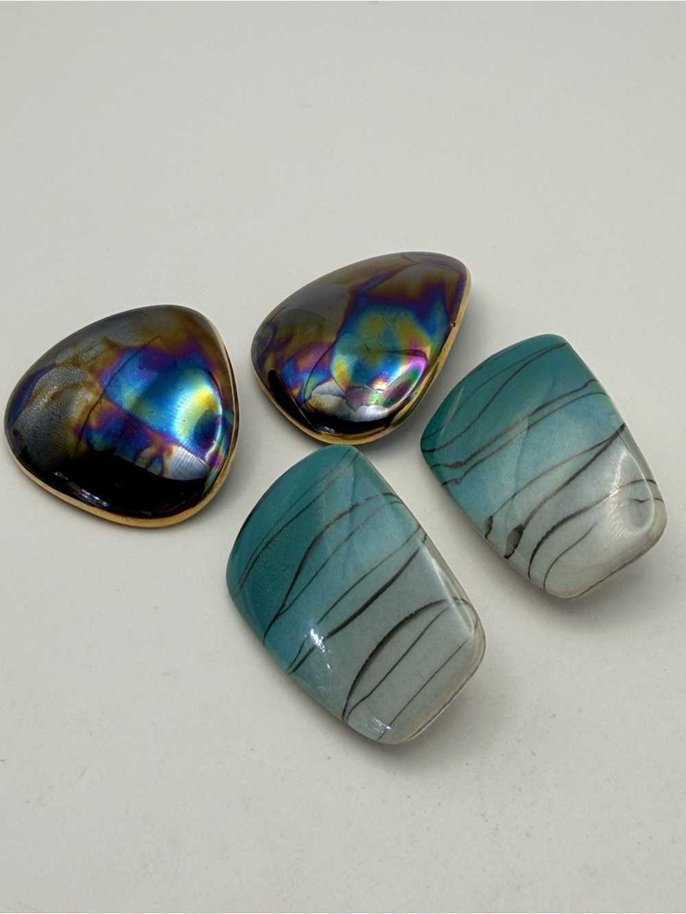 Pair of Artisan Purple Iridescent and Seafoam Green Glazed Clip On Earrings
